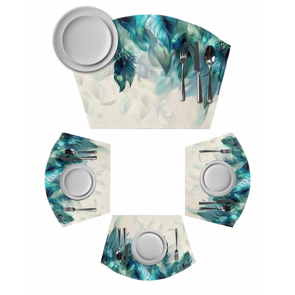 Teal Feather Wedge Shaped Placemats Set of 2, Cotton Linen Fan Place Mats, Farmhouse Feather Art Teal Ombre Washable Table Mats for Holiday Wedding Party Dinning Coffee Tables 11.8"x17.5"