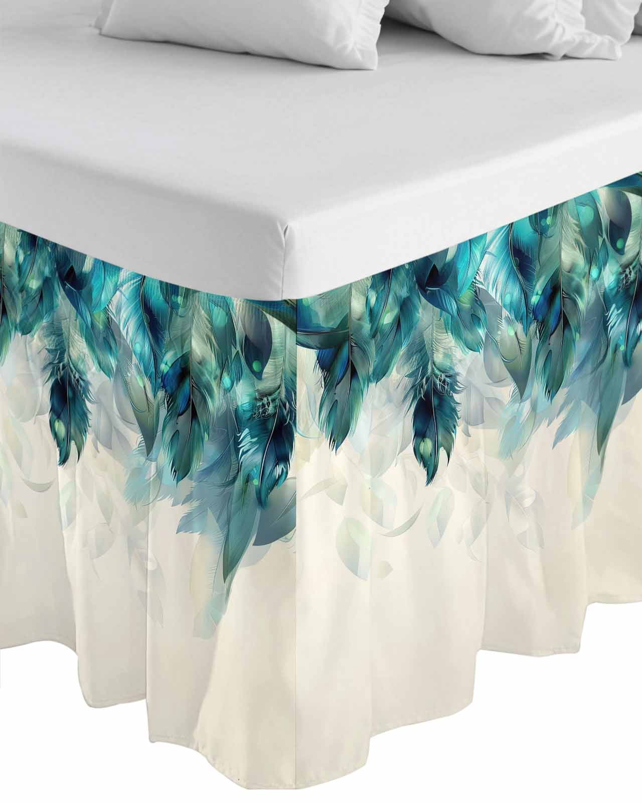 Teal Feather Wrap Around Bed Skirts for Queen Bed 16" Drop, Bed Skirt with Adjustable Elastic Belt Dust Ruffle Bed Valance for Bedroom Hotel Luxury Farmhouse Feather Art Teal Ombre Bed Frame Cover