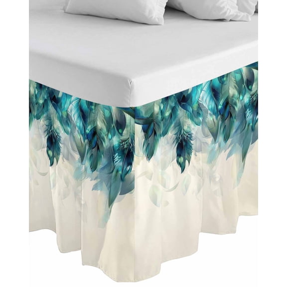 Teal Feather Wrap Around Bed Skirts for Queen Bed 16" Drop, Bed Skirt with Adjustable Elastic Belt Dust Ruffle Bed Valance for Bedroom Hotel Luxury Farmhouse Feather Art Teal Ombre Bed Frame Cover