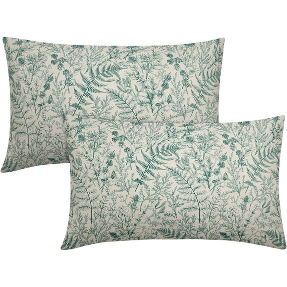 Teal Fern Leaves Lumbar Pillow Covers 12X20 Inch Plant Leaf Floral Pine Decorative Pillow Cases Vintage Botanical Spring Summer Throw Pillows Set of 2 Farmhouse Home Decor for Sofa Porch Outdoor