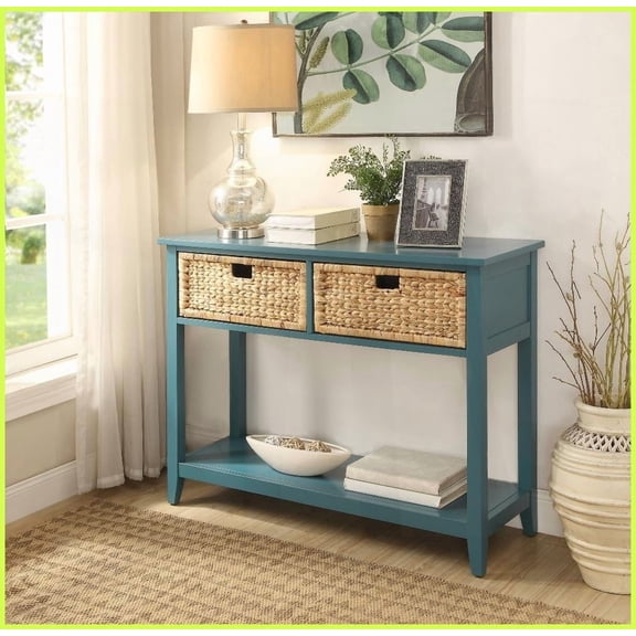 Teal Finish Coffee Table with 2 Basket Drawers & Bottom Shelf Stylish Storage Solution for Living Room