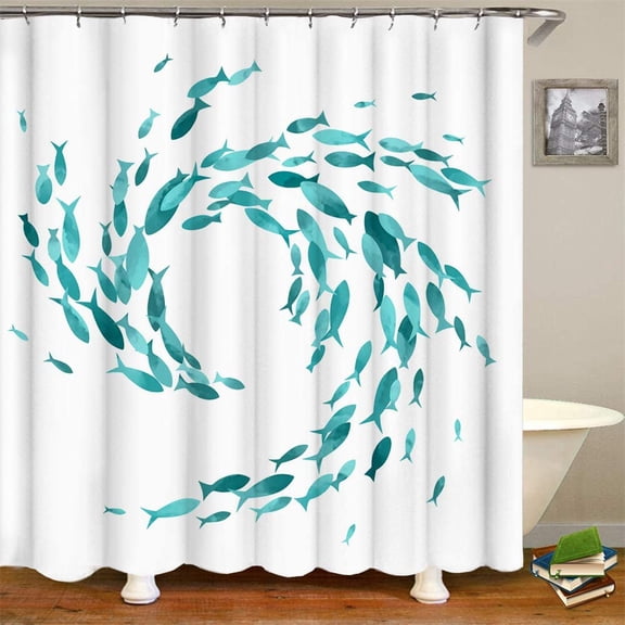 Teal Fish Shower Curtains Set Ocean Creatures Bathroom Decor Creative Curtain for Bath Fabric Sea Ocean Polyester Shower Curtain with Hooks Turquoise 60"W x 72"L (Pack of 1)