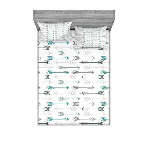 Teal Fitted Sheet & Pillow Sham Set, Retro Arrow Pattern in Horizontal Line Heading to Opposite Directions Art Print, Decorative Printed 6 Piece Bedding Decor Set, Queen, Grey Teal White, by Ambesonne