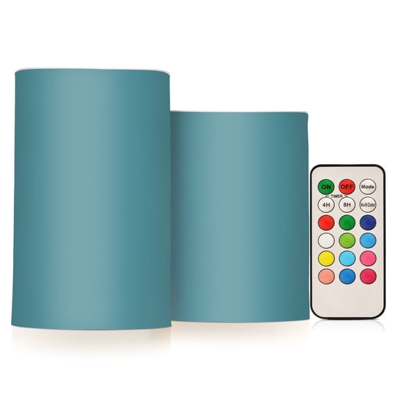 Teal Flickering Flameless Candles Battery Operated with Remote Timer LED Pillar Candles Set of 2