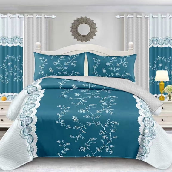 Teal Floral 3-Piece Reversible Comforter Set - Soft Microfiber Bedding for All Seasons, Includes Comforter and 2 Pillow Shams(CALKING)