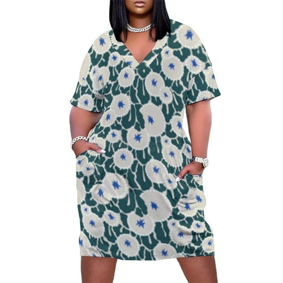 Teal Floral Abstract Seamless Pattern Women's Loose Short Sleeve Dress Casual Summer Plus Size Long Dresses with Pockets