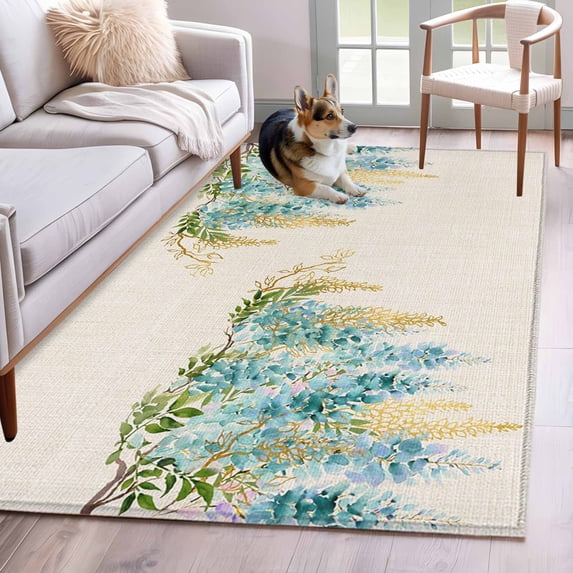 Teal Floral Area Rugs 3x5 ft Watercolor Teal Yellow Wisteria Linen Texture Washable Rug Non Slip Indoor Carpet Absorbent Floor Mat for Living Room Bedroom Dining Room