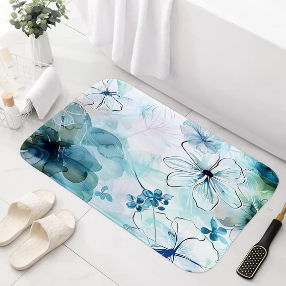 Teal Floral Bath Mat Rug for Bathroom, Boho Emerald Sage Hunter Olive Green Blue Abstract Flowers Art Bathroom Floor Rugs Mats Non Slip Kitchen Indoor Decor Decoration Accessories 17X29 in