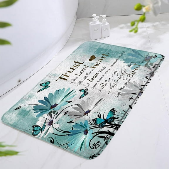 Teal Floral Bath Mats Daisy Flower Butterfly Bathroom Rugs Inspirational Quote Motivational Words Rustic Farmhouse Plant Country Turquoise Blue Bedroom Kitchen Indoor Floor Carpet 17.8x29.5 in