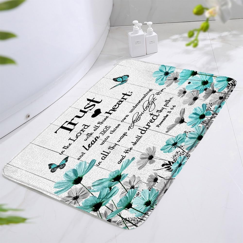 Teal Floral Bath Mats Flower Butterfly Inspirational Quote Motivational