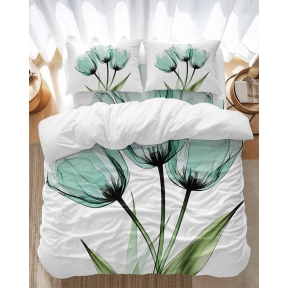 Teal Floral Bedding Duvet Cover Set King Size 4 Pieces Teal Tulips Green Leaf Watercolor Plant Bedding Set with Zipper Closure, 1 Comforter Cover 92x106 Inches 1 Flat Sheet & 2 Pillow Cases