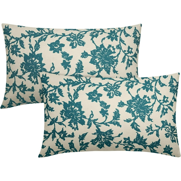 Teal Floral Block Print Lumbar Pillow Covers 12x20 Set of 2 Rustic Fall Vintage Flower Pattern Cream Decorative Rectangle Throw Pillow Cases Outdoor Farmhouse Decoration for Sofa Couch Bed Walmart
