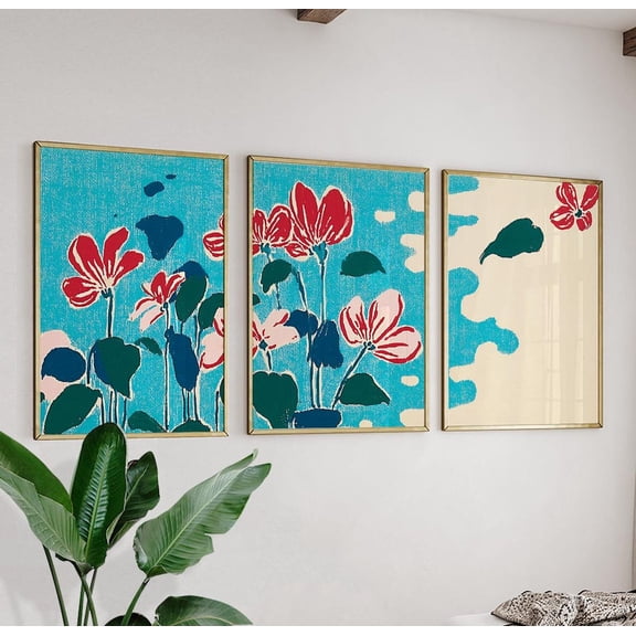 Teal Floral Blue Red Botanical Art Abstract Flower Triptych Set 3 Unframed Paper Print 8x12