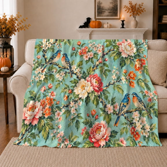 Teal Floral Bluebird Garden, Peaceful Bird Art Scene, Warm Flannel Blanket for Living Room and Reading Nook with Detailed Artwork, Bird Lovers Friendship Gift, Artistic Home Decor