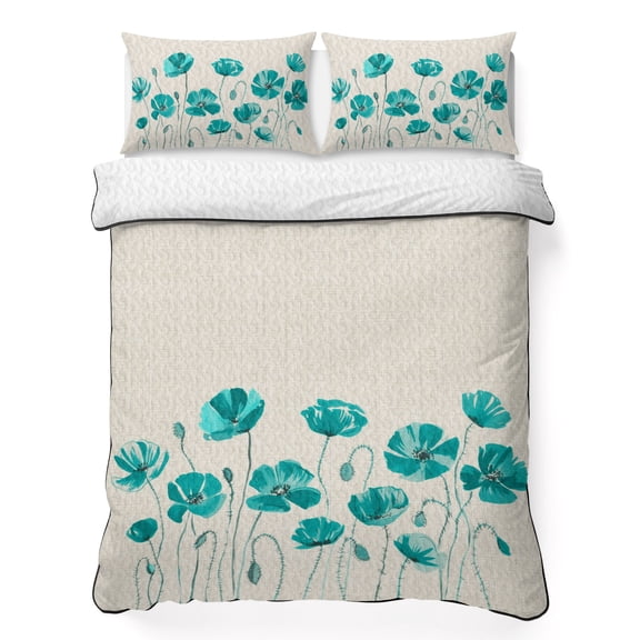 Teal Floral California King Quilt Bedding Set, Watercolor Autumn Turquoise Wildflowers Plant Linen Texture Lightweight Comforter with 2 Pillow Shams Bedroom Bedspread Set Home Decor for All Seasons