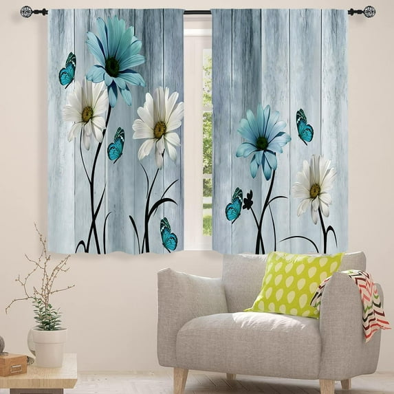 Teal Floral Curtain 42W X 63L Inch 2 Panels Rod Pocket Turquoise Aqua Flower Wooden Daisy Rustic Country Retro Teal and White Leaves Butterfly Vintage Window Drapes Treatment Living Room Bedroom Decor