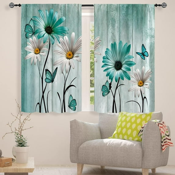 Teal Floral Curtains 42W X 63L Inch 2 Panels Rod Pocket Rustic Farmhouse Flower Turquoise Wooden Retro Country Vintage Daisy Window Drapes Treatment Butterfly Living Room Bedroom Bathroom Curtains
