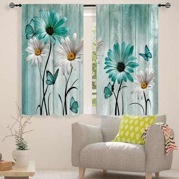 Teal Floral Curtains 42W X 63L Inch 2 Panels Rod Pocket Rustic Farmhouse Flower Turquoise Wooden Retro Country Vintage Daisy Window Drapes Treatment Butterfly Living Room Bedroom Bathroom Curtains