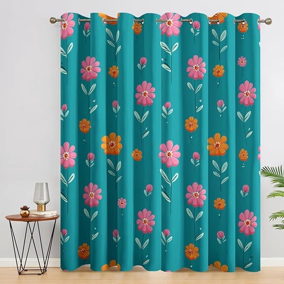 Teal Floral Curtains for Bedroom Decor, Pink and Orange Flowers Pattern Design Blackout Drapes, Boho Chic Botanical Curtains for Living Room 26"W x 45"L (Pack of 2)