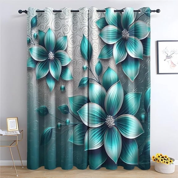 Teal Floral Curtains, Turquoise Flower Luxury Abstract Patterned Blackout Curtains for Bedroom, Thermal Insulated Room Darkening Grommet Drapes for Living Room 53"W x 96"L (Pack of 2)
