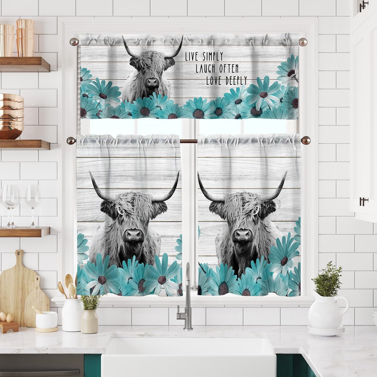 Teal Floral Farmhouse Kitchen Curtains Short and Valance Set Turquoise ...
