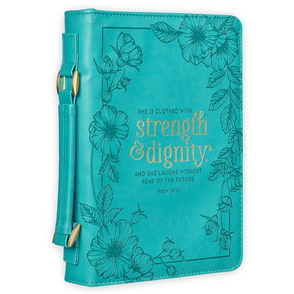 Teal Floral Fashion Bible Cover for Women She is Clothed Strength Dignity Proverbs 31 Woman Bible Case/Book Cover, Faux Leather, Large