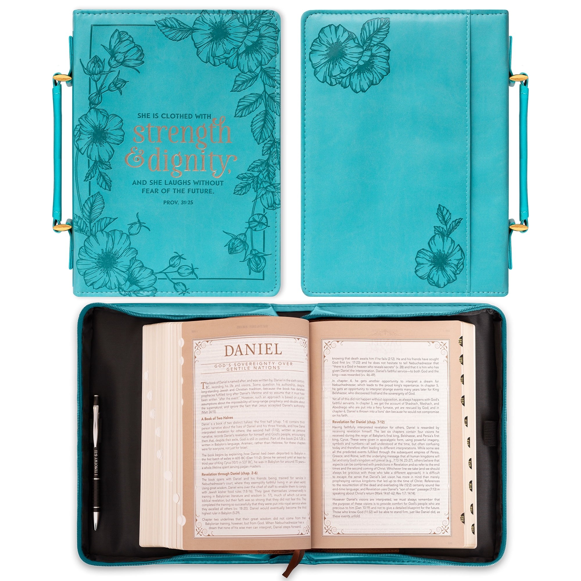 XL Teal Floral Faux Leather Bible Cover with Pockets, Zippered Case for ...
