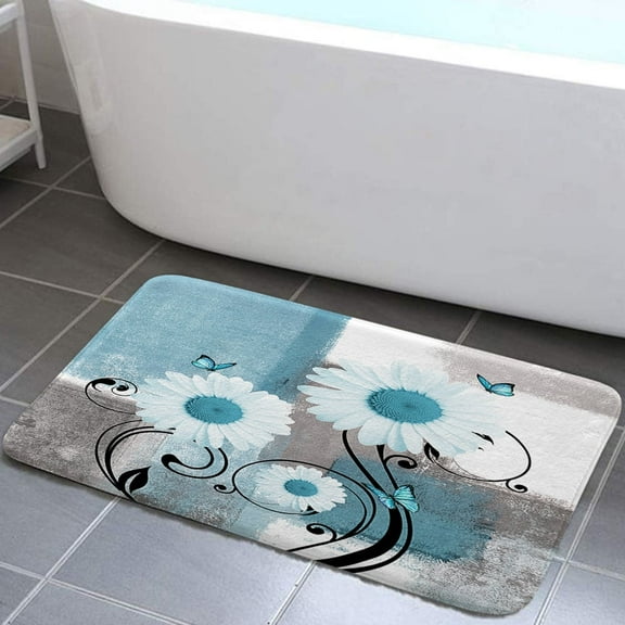 Teal Floral Flower Bathroom Rugs, Daisy on Teal Gray White Abstract Farmhouse Rustic Bathroom Kitchen Door Mat, 17X29in