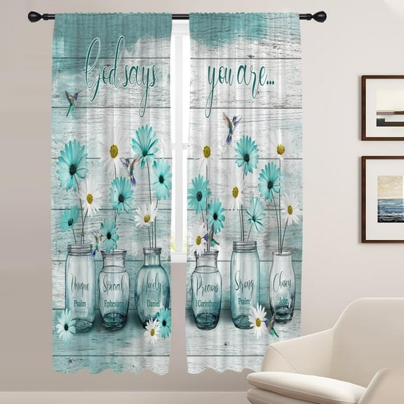 Teal Floral Flowers Window Curtains for Bedroom 42x84 Inch Rod Pocket Long Big Turquoise Bird Aqua Grey Daisy Rustic Farmhouse Patterned Living Room Treatment Set of 2 Curtain Panels Drapes