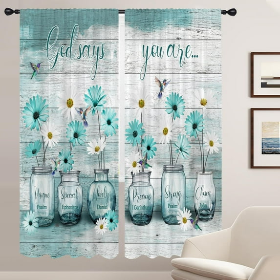 Teal Floral Flowers Window Curtains for Bedroom 52x84 Inch Rod Pocket Wide Long Turquoise Bird Aqua Grey Daisy Rustic Farmhouse Patterned Living Room Treatment Set of 2 Curtain Panels Drapes