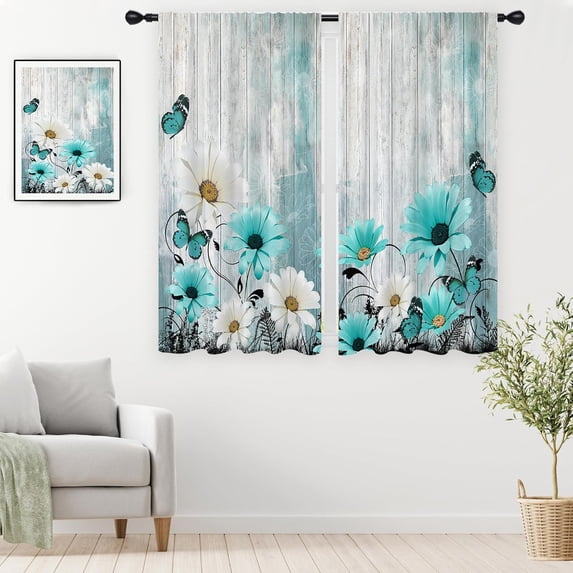 Teal Floral Kitchen Curtains 42x63 Inch Small Mini Turquoise Aqua Flower Rustic Country White Daisy Butterfly Rod Pocket Short Tiers for Cafe Window Drapes Treatment Fabric 2 Panels