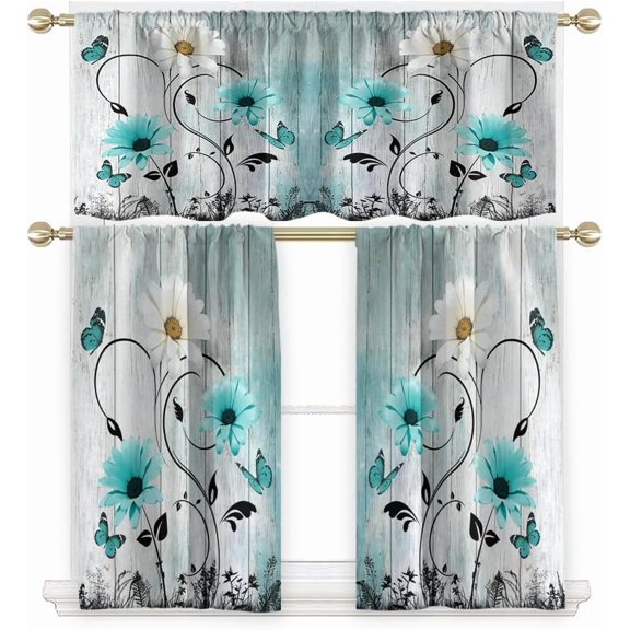 Teal Floral Kitchen Curtains Valance and Tiers Set 3 Piece Rustic Flowers White Daisy Butterfly Rod Pocket Small Short Living Room Bedroom Bathroom 54x18 inch + 27.5x36 inch*2