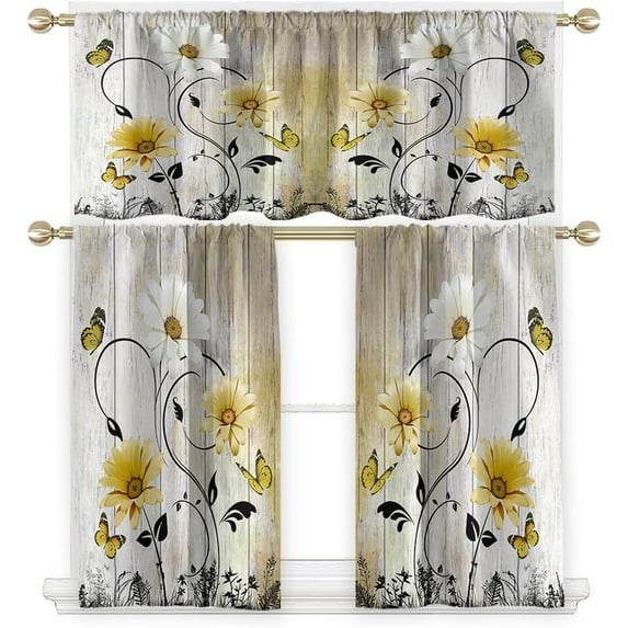Teal Floral Kitchen Curtains Valance and Tiers Set 3 Piece Rustic Flowers White Daisy Butterfly Rod Pocket Small Short Living Room Bedroom Bathroom 54x18 inch + 27.5x36 inch*2