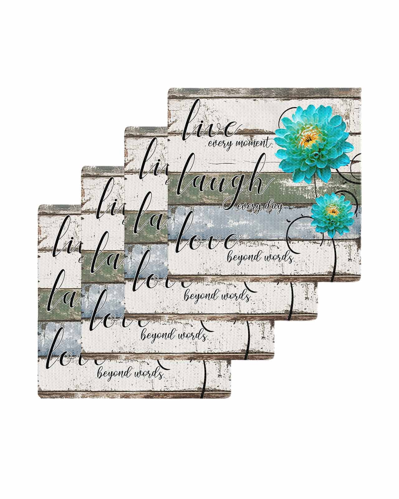 Teal Floral Kitchen Dish Towels for Drying Dishes Set of 4, Farmhouse Green White Blue Wooden Waffle Weave Microfiber Terry Hand Tea Bathroom Towels Quick Dry & Absorbent Towel 12x12