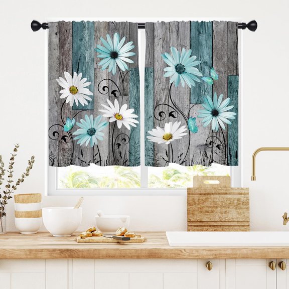 Teal Floral Kitchen Window Curtain Panels Short Small Cafe Mini White Flower Rustic Farmhouse Daisy Decorative Drapes Rod Pocket 27.5x39 Inches Bathroom Bedroom Home Set for Living Room Decor