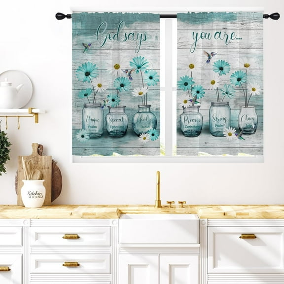 Teal Floral Kitchen Window Curtains 27.5 x 36 Inch Small Short Mini Cafe Rod Pocket Farmhouse Country Rustic Spring Daisy Living Bedroom Room Home Treatment Set of 2 Curtain Panels Drapes Tiers