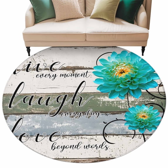 Teal Floral Large Area Rugs for Bedroom Living Room, Soft Non Slip Carpet Bedside Rug, Farmhouse Green White Blue Wooden Round Floor Cover Kitchen Accent Rug 5' for Dining Room/Office