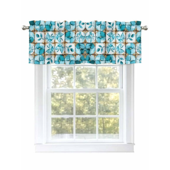 Teal Floral Leaves Valances for Windows, Rod Pocket Kitchen Valance Curtains - Soft & Washable Small Window Treatment for Living Room, Bathroom, Ethnic Style Lattice 54x18inch, 1 Panel