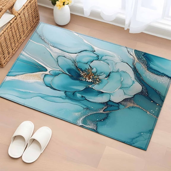 Teal Floral Marble Bathroom Rug Washable 2x3 Entryway Rug Non Slip Modern Abstract Impressionist Art Front Door Mat Low Pile Indoor Doormat Throw Floor Carpet for Kitchen Bedroom Entrance