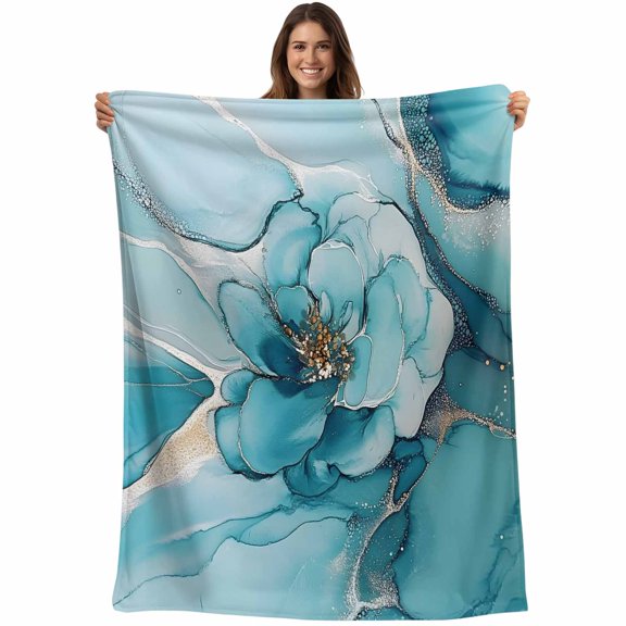 Teal Floral Marble Blanket Soft Cozy Warm Throw Blanket for Couch, Plush Fuzzy Flannel Fleece Blankets for Sofa, Modern Abstract Ink Painted Art Bed Blankets Lightweight Gifts for Women, 50"x80"