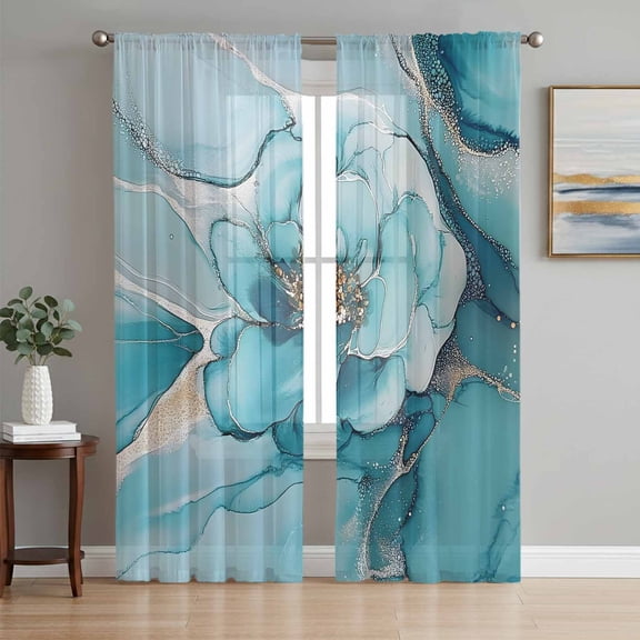 Teal Floral Marble Sheer Curtains 72 Inch Length 2 Panels Set, Modern Abstract Impressionist Art Voile Window Treatment Rod Pocket Curtains Sheers Drapes for Bedroom/Living Room/Kitchen 52"x72"x2