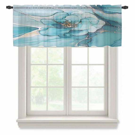 Teal Floral Marble Valance Curtains for Kitchen/Living Room/Bathroom/Bedroom Window Modern Abstract Ink Painted Art Rod Pocket Small Topper Half Short Window Curtains Voile Sheer Scarf 54"x18"
