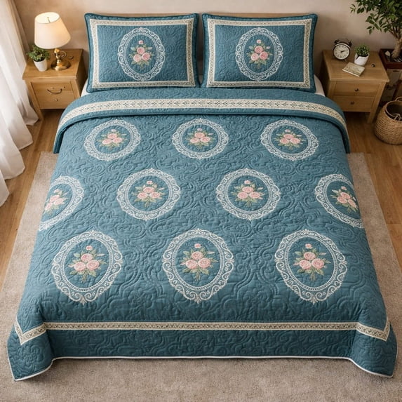 Teal Floral Medallion 3-Piece Quilted Bedding Set BTO392 - Walmart.com