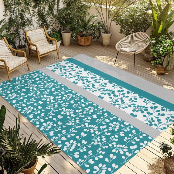 Teal Floral Outdoor Rug 3x5 Ft - Reversible Patio Rug Outdoor Camping Rugs, Botanical Blossom Motif Boho Grey Stripes Washable Indoor Outdoor Area Rugs, Non-Slip Outdoor Carpet Runner for Deck/Porch