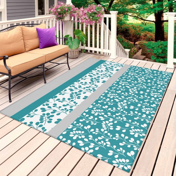 Teal Floral Outdoor Rug 5x8 Ft, Non Slip Washable Area Rug, Botanical Blossom Motif Boho Grey Stripes Patio Rugs Carpet Runner, Large Floor Mat for Indoor/Outdoor Deck Porch Camping