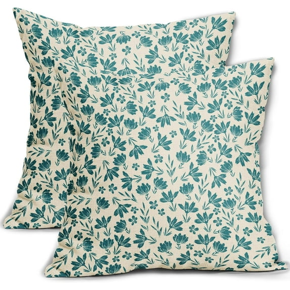 Teal Floral Pillow Covers 18x18 Set of 2 Vintage Rustic Old Style Cute Small Flower Blue Green Cream Print Decorative Outdoor Pillowcases Farmhouse Throw Cushion Case Decor for Couch Sofa Bed