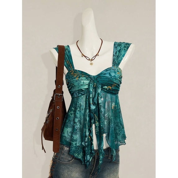 Teal Floral Print Asymmetrical Hem Tie-Front Peplum Mesh Tank Top For Women