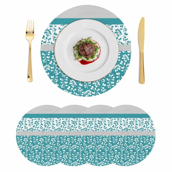 Teal Floral Round 15 Inch Placemats Set of 4, Botanical Blossom Motif Boho Grey Stripes HeatResistant Non Slip Place Mats for Dining Table, Wipeable Braided Kitchen Table Mats for Housewarming