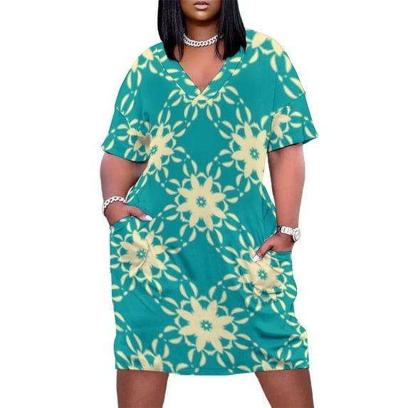 Teal Floral Seamless Pattern Design Women's Summer Short Sleeve Casual Dresses Party Dress