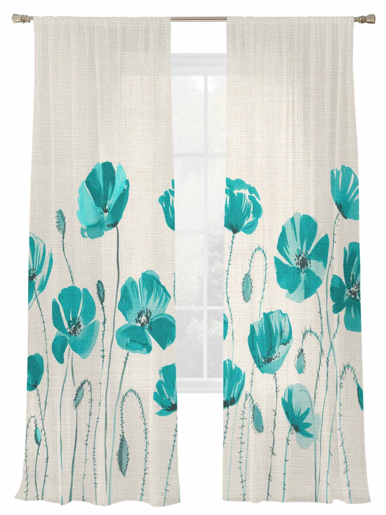 Teal Floral Sheer Curtains 2 Panels Set Watercolor Autumn Turquoise Wildflowers Plant Linen Texture Sheer Window Curtains Light Filtering Rod Pocket Voile Drapes for Bedroom Living Room 52"X108"